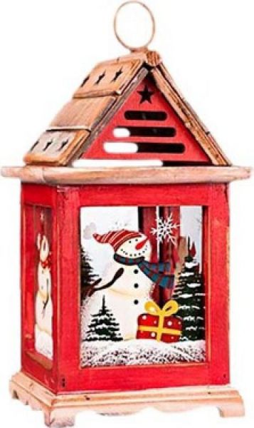 Фонарик рождественский Снеговичок в окне красно-белый деревянный