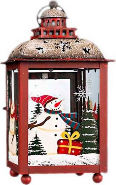Фонарик рождественский Снеговичок в окне красный металлический
