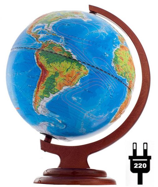 Глобус физический/политический рельефный диаметр 250 мм  на деревянной подставке с подсветкой